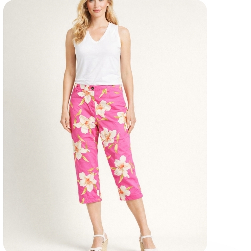 Lauren Ralph Lauren Pink Hibiscus Floral Capri Pants 6P Petite Tropical Summer